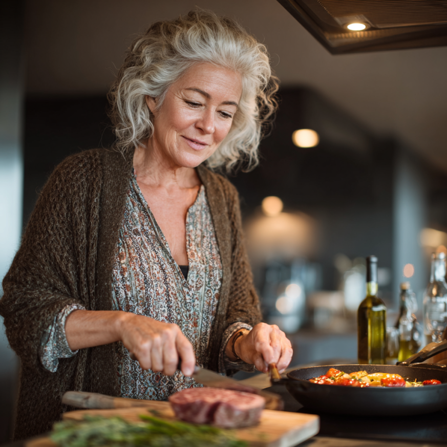 Persona mayor cocinando con alegría