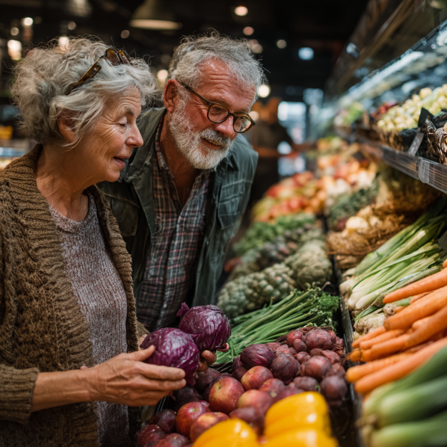 Adultos mayores disfrutando de comida saludable